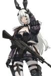  1girl :/ animal_ears assault_rifle black_gloves black_leotard black_shorts breasts cleavage closed_mouth collarbone commentary fake_animal_ears gager_(girls&#039;_frontline) girls&#039;_frontline gloves grey_pantyhose gun hand_on_own_head headgear highres holster holstered knife_holster large_breasts leotard long_hair looking_at_viewer micro_shorts mutugorou_u pantyhose playboy_bunny rabbit_ears rifle sangvis_ferri shorts simple_background tactical_clothes tactical_playboy_bunny thigh_holster very_long_hair weapon weapon_request white_background white_hair yellow_eyes 
