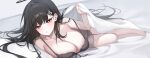  1girl absurdres barefoot black_bra black_hair black_panties blue_archive blush bra breasts cleavage collarbone hair_ornament hairpin halo highres large_breasts long_hair looking_at_viewer open_mouth panties raki_kr red_eyes rio_(blue_archive) solo underwear 