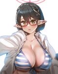  1girl ayane_(blue_archive) ayane_(swimsuit)_(blue_archive) bikini black_hair blue_archive blue_bikini blush bow_(bhp) breasts brown_eyes collarbone commentary_request halo jacket large_breasts looking_at_viewer official_alternate_costume open_clothes open_jacket pointy_ears red-framed_eyewear red_halo selfie simple_background solo striped striped_bikini swimsuit upper_body white_background white_jacket 