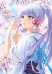  1girl absurdres blue_eyes blue_hair blue_sky chakuma_(yiyh1468) cherry_blossoms commentary_request day genshin_impact hands_up highres japanese_clothes kamisato_ayaka kimono long_hair outdoors ponytail sky solo upper_body very_long_hair white_kimono 