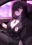  1girl black_hair black_jacket black_pantyhose black_skirt black_suit blue_archive blush breasts car_interior hair_ornament hairclip halo highres jacket large_breasts long_hair long_sleeves looking_at_viewer miniskirt pantyhose pleated_skirt red_eyes ribbed_sweater rio_(blue_archive) skirt solo suit sweater thighs turtleneck turtleneck_sweater very_long_hair white_sweater xiujia_yihuizi 