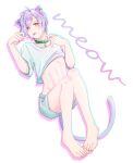  1boy a3! absurdres animal_ears bell cat_boy cat_ears cat_tail clothes_lift collar earrings grey_shorts highres ikaruga_misumi jewelry jijii_(chang_g) navel open_clothes open_shirt orange_eyes purple_hair shirt shirt_lift short_hair shorts solo stomach tail tongue tongue_out white_shirt 