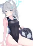  1girl :o animal_ear_fluff animal_ears arm_support bag bare_arms bare_legs bare_shoulders barefoot black_one-piece_swimsuit blue_archive blue_eyes blush breasts commentary_request competition_swimsuit covered_navel extra_ears grey_hair hair_ornament halo highres looking_at_viewer medium_breasts official_alternate_costume one-piece_swimsuit parted_lips roido_(taniko-t-1218) school_bag school_swimsuit shiroko_(blue_archive) shiroko_(swimsuit)_(blue_archive) simple_background solo swimsuit white_background wolf_ears 