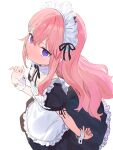  1girl apron black_dress blush closed_mouth dress frills hair_ornament hairclip highres jitome long_hair looking_at_viewer maid maid_headdress nose_blush original pink_hair purple_eyes signalviolet simple_background solo sweat very_long_hair white_apron white_background wrist_cuffs 