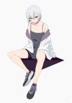  1girl black_camisole black_footwear blue_eyes bob_cut camisole collarbone full_body hair_between_eyes mee_(sohin) open_clothes original oversized_clothes oversized_shirt shirt shoes short_hair sitting sneakers sohin thick_eyebrows white_hair white_shirt 