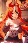 1girl adapted_costume animal_ear_fluff animal_ears black_hair black_jacket blue_eyes blush breasts ceres_fauna ceres_fauna_(2nd_costume) cleavage clothes_writing coffee coffee_mug cup denim denim_shorts english_commentary fork hakos_baelz hakos_baelz_(2nd_costume) highres holding holding_fork hololive hololive_english incoming_food irys_(2nd_costume)_(hololive) irys_(hololive) jacket japanese_clothes jiang_ye_kiri kimono long_hair long_sleeves looking_at_viewer mask mask_on_head medium_breasts mouse_ears mouse_girl mug multicolored_clothes multicolored_hair multicolored_kimono navel official_alternate_costume open_mouth picture_(object) picture_frame pink_kimono plant print_kimono purple_kimono red_hair shorts smile streaked_hair tank_top very_long_hair virtual_youtuber white_hair white_tank_top 