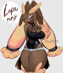  absurd_res anthro big_breasts black_sclera breasts brown_body brown_fur cleavage clothed clothing eyeshadow female fur generation_4_pokemon hi_res lagomorph leporid lopunny makeup mammal nintendo pokemon pokemon_(species) red_eyes simple_background solo tan_body tan_fur thick_thighs togetoge white_background wide_hips 