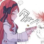  ... 1girl 1other blood blood_splatter blue_archive blush closed_eyes closed_mouth finger_on_trigger firing gun halo handgun holding holding_gun holding_weapon red_hair shell_casing speech_bubble takane_(blue_archive) tkugane weapon white_background 
