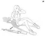  1girl adjusting_hair an-94 an-94_(girls&#039;_frontline) assault_rifle casual circle_a commentary_request full_body girls&#039;_frontline grey_scarf gun hairband jacket long_hair looking_at_viewer on_ground rifle scarf shadow shoes shorts sitting sketch sneakers solo weapon 