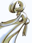  1girl ame_(pixiv_94535533) blue_background bob_cut closed_mouth commentary_request crying expressionless flat_chest from_side gardevoir monochrome partial_commentary pokemon pokemon_(creature) profile sad short_hair simple_background solo tears 