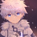  1boy absurdres black_gloves blue_eyes closed_mouth coat dior&#039;s_bread fur_trim gloves hair_between_eyes highres hunter_x_hunter killua_zoldyck long_sleeves male_focus short_hair smile solo spiked_hair white_coat white_hair 