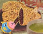  bowl fish_costume food food_focus kine_(kirby) kirby kirby_(series) leaf miclot no_humans plate solo steam taiyaki wagashi 