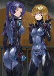  2girls armored_bodysuit ass blonde_hair blue_eyes blue_hair blush bodysuit bottle breasts character_request covered_navel covered_nipples fortified_suit grin highres impossible_bodysuit impossible_clothes kurione_(zassou) looking_at_viewer looking_back medium_breasts medium_hair multiple_girls muv-luv muv-luv_alternative ponytail railing shiny_clothes smile standing water_bottle yellow_eyes 