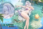  1girl artist_request azur_lane bikini breasts character_name day full_body huge_breasts long_hair looking_at_viewer manjuu_(azur_lane) multicolored_hair navel official_alternate_costume official_art outdoors palm_tree promotional_art pulled_by_self purple_bikini purple_eyes purple_hair skindentation solo strap_pull streaked_hair summer swimsuit tree two-tone_hair unzen_(azur_lane) very_long_hair water white_hair 