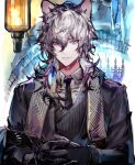  1boy animal_ears arknights black_gloves black_jacket black_necktie black_suit black_vest blue_eyes closed_mouth collared_shirt formal gloves grey_hair hair_between_eyes highres jacket kjera_(arknights) kkuekkue_(chifer1958) lantern leopard_boy leopard_ears long_sleeves looking_at_viewer male_focus medium_hair necktie own_hands_together shirt silverash_(arknights) silverash_(york&#039;s_bise)_(arknights) smile solo suit tassel upper_body vest white_shirt 