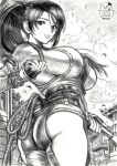  1girl ass belt black_hair breasts building cloud commentary_request dead_or_alive dead_or_alive_6 dead_or_alive_xtreme_venus_vacation detached_sleeves falling_leaves fingerless_gloves from_behind gloves greyscale holding holding_polearm holding_weapon large_breasts leaf long_hair looking_at_viewer momiji_(ninja_gaiden) monochrome ninja ninja_gaiden outdoors polearm ponytail sideboob signature skidrow sky solo weapon 