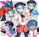  1boy black_gloves black_headwear blue_eyes blue_hair blush brick_st character_request closed_eyes collared_shirt gloves grin highres medium_hair necktie open_mouth original pokemon pokemon_(creature) pokemon_(game) red_necktie shaded_face shirt smile teeth white_shirt 