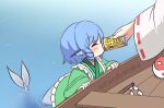  2girls alcohol beer beer_can blush boat can cirno commission detached_sleeves drill_hair drill_locks drinking feeding ferdy&#039;s_lab frilled_kimono frills gohei green_kimono hakurei_reimu head_fins japanese_clothes kimono kneeless_mermaid mermaid monster_girl multiple_girls orb ribbon-trimmed_sleeves ribbon_trim touhou twitter_username wakasagihime watercraft yin_yang yin_yang_orb 