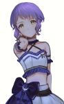  1girl arm_behind_head arm_up armband blue_armband blue_bow bow choker commentary_request crescent crop_top dot_nose expressionless frilled_shirt frills highres idolmaster idolmaster_million_live! looking_at_viewer makabe_mizuki midriff mimizubare purple_hair shirt short_hair sidelocks skirt solo waist_bow wavy_hair white_background white_choker white_shirt white_skirt yellow_eyes 