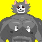  1:1 abs angry anthro bone canid canine canis digital_media_(artwork) fulgoraga fur looking_at_viewer male mammal muscular muscular_anthro muscular_male simple_background skull skull_head skulldog_(species) solo touching_pecs 