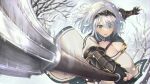  1girl armor belt black_gloves blurry blurry_background braid branch breasts brown_belt chest_strap cleavage cleavage_cutout clothing_cutout fingerless_gloves gloves greaves holding_mace hololive kiukoma large_breasts motion_blur shirogane_noel shirogane_noel_(1st_costume) short_hair snowing tiara vambraces virtual_youtuber 