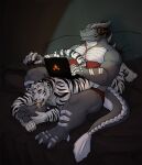  anthro anthro_on_anthro artist_name biceps blue_eyes clothing digital_media_(artwork) digitigrade dragon duo felid gaming gaming_headset grey_body grin happy hi_res interspecies kardukk kobold laptop_computer licking licking_paws lying_on_partner male male/male mammal mich multicolored_body muscular muscular_male pantherine paws reptile scalie shaded siberian_tiger simple_background smile spikes spikes_(anatomy) teasing tiger tongue tongue_out two_tone_body underwear white_body 