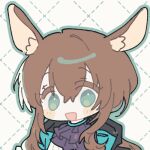  1girl amiya_(arknights) animal_ears arknights ascot avatar_icon black_jacket blue_ascot blue_eyes brown_hair hood hood_down hooded_jacket jacket long_hair looking_at_viewer lowres open_mouth rabbit_ears sidelocks smile solo upper_body very_long_hair yeong-il 