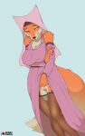  2023 absurd_res anthro artist_name berrypunchz big_breasts black_nose breasts canid canine cheek_tuft cleavage clothed clothing clothing_lift cowl disney dress dress_lift eyebrows eyelashes facial_tuft female fox fur garter_straps genitals half-closed_eyes hi_res jewelry legs_together legwear maid_marian mammal multicolored_body multicolored_fur narrowed_eyes necklace nipple_outline no_underwear orange_body orange_fur pussy robin_hood_(disney) simple_background smile solo standing stockings tan_body tan_fur thigh_highs tuft two_tone_body two_tone_fur white_background 