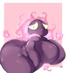  anthro big_breasts big_butt black_eyes breasts butt female fire flaming_hair gastly generation_1_pokemon hi_res huge_breasts huge_butt lightmizano looking_at_viewer nintendo pink_background pokemon pokemon_(species) pseudo_hair purple_body purple_breasts sad simple_background solo thick_thighs 