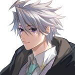  1boy aqua_necktie black_coat black_eyes closed_mouth coat collared_shirt fate/grand_order fate_(series) frontierpax grey_hair hair_between_eyes highres james_moriarty_(ruler)_(fate) looking_at_viewer male_focus necktie purple_eyeliner shirt simple_background solo upper_body white_shirt 