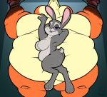  2023 anthro arms_tied belly big_belly bloated bound bound_male breasts buckteeth butt calorie canid canine cheek_bulge disney duo ears_up featureless_breasts featureless_crotch female force_feeding forced fox fur half-closed_eyes hi_res hose_in_mouth immobile judy_hopps lagomorph leporid looking_at_viewer lying lying_on_another lying_on_partner male mammal morbidly_obese morbidly_obese_anthro morbidly_obese_male narrowed_eyes navel nick_wilde nude obese obese_anthro obese_male on_side overweight overweight_anthro overweight_male paws rabbit scut_tail short_tail signature size_difference smile smiling_at_viewer tail teeth thick_thighs wide_hips zootopia 