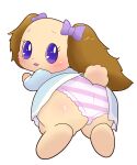  2023 accessory anthro blue_clothing blue_dress blue_eyes bluehiyokobunny blush bottomwear bow_ribbon brown_body brown_fur bulge clothed clothing crossdressing dress fur hair_accessory hair_bow hair_ribbon hi_res io_(jewelpet) jewelpet lagomorph leporid looking_at_viewer looking_back looking_back_at_viewer lying male mammal on_front panties pattern_bottomwear pattern_clothing pattern_panties pattern_underwear purple_bow rabbit ribbons sanrio simple_background solo striped_bottomwear striped_clothing striped_panties striped_underwear stripes underwear white_background 
