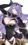  1girl armor axe battle_axe black_armor black_panties blood blood_on_face boots breasts camilla_(fire_emblem) cleavage fake_horns faulds fire_emblem fire_emblem_fates gauntlets groin hair_over_one_eye hashibiro_kou_(garapiko_p) highres holding holding_axe horns large_breasts long_hair panties purple_eyes purple_hair simple_background solo swept_bangs tiara underwear weapon white_background 