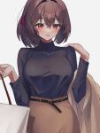  1girl bag black_sweater blush breasts brown_hair brown_skirt grey_background hair_between_eyes hair_ribbon highres holding holding_bag ise_(kancolle) jewelry kantai_collection kazeshio large_breasts long_sleeves looking_at_viewer necklace ponytail red_eyes red_ribbon ribbon simple_background skirt solo sweater tongue tongue_out turtleneck turtleneck_sweater 