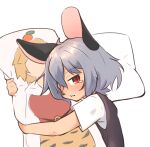  1girl :t animal_ears blush closed_mouth commentary_request dakimakura_(object) greenpiecerice grey_hair grey_vest hair_between_eyes hair_over_one_eye highres hugging_object long_bangs looking_at_viewer mouse_ears mouse_girl nazrin pillow pillow_hug red_eyes shirt short_hair short_sleeves simple_background solo tearing_up toramaru_shou touhou upper_body vest white_background white_shirt 