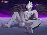  abs balls barian_(yu-gi-oh) big_balls big_penis black_wings claws e-zoid feet foot_focus genitals grey_body grey_skin hair hi_res huge_penis humanoid humanoid_genitalia humanoid_penis male mouthless nipples nude on_ground pecs penis plantigrade solo spiky_hair spread_legs spreading toe_claws vector_(yu-gi-oh) vein veiny_penis wings 