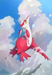  above_clouds absurdres claws cloud commentary_request day flying full_body highres latias no_humans nullma outdoors parted_lips pokemon pokemon_(creature) sky solo yellow_eyes 
