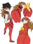  1girl absurdres alternate_costume ass ass_focus black_headwear blue_eyes bodysuit brown_hair butt_crack cameltoe evangelion:_2.0_you_can_(not)_advance evangelion:_3.0_you_can_(not)_redo eyepatch floating_hair full_body hair_over_shoulder hands_on_own_hips hat highres interface_headset jacket leaning_forward legs_together long_hair looking_at_viewer looking_back multicolored_bodysuit multicolored_clothes multiple_views neon_genesis_evangelion orange_bodysuit plugsuit rebuild_of_evangelion red_bodysuit see-through_bodysuit simple_background skin_tight solo souryuu_asuka_langley test_plugsuit toshinoshin two-tone_bodysuit two_side_up white_background wide_hips 