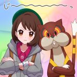  1girl :t absurdres blush bob_cut brown_eyes brown_hair buttons cable_knit cardigan closed_mouth collared_dress commentary_request crossed_arms dress dynamax_band gloria_(pokemon) green_headwear grey_cardigan hat highres hooded_cardigan looking_at_viewer pink_dress pokemon pokemon_(creature) pokemon_(game) pokemon_swsh pout short_hair staring tam_o&#039;_shanter upper_body watchog yuu_(jgvj7873) 