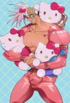  1boy alternate_color bow cameo carrying carrying_over_shoulder carrying_under_arm character_doll collarbone commentary cowboy_shot cyborg detached_sleeves english_commentary extra_arms facial_mark flexing grin hair_between_eyes hair_bow hello_kitty hello_kitty_(character) highres looking_at_viewer mohawk muscular muscular_male own_hands_together pants pink_bow pink_pants pink_theme prosthesis prosthetic_arm razlo_the_tri-punisher_of_death rozaroza shiny_clothes short_hair smile solo stuffed_toy trigun white_hair yellow_eyes 