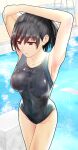  1girl amagami armpits black_eyes black_hair black_one-piece_swimsuit breasts commentary_request competition_school_swimsuit competition_swimsuit covered_navel highleg kankon_(idou_toshokan) large_breasts one-piece_swimsuit ponytail presenting_armpit school_swimsuit solo stretching swimsuit tsukahara_hibiki two-tone_swimsuit typo 