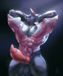  absurd_res animal_genitalia animal_penis anthro balls barazoku black_body black_fur blizzard_entertainment canid canine canine_genitalia canine_penis canis clothed clothing dalrus_plaguefang_(character) erection fur furry genitals hands_behind_head hi_res knot male mammal muscular muscular_anthro muscular_male open_clothing open_shirt open_topwear penis pepperchill_(artist) pink raised_arm shirt solo solo_focus topwear warcraft were werecanid wolf worgen 