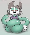  ambiguous_gender anthro belly big_belly black_hair fangs foxball green_body hair half-closed_eyes hi_res kitty_pride looking_at_viewer narrowed_eyes nude pose presenting simple_background skullcat_(kitty_pride) smile solo teeth thick_thighs tongue tongue_out undead wide_hips zombie 