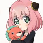  1girl :o anya_(spy_x_family) black_dress chimera director_chimera_(spy_x_family) dress green_eyes hairpods highres holding holding_stuffed_toy light_blush looking_at_viewer medium_hair open_mouth pink_hair solo spy_x_family stuffed_animal stuffed_toy t_jiroo_(ringofriend) 