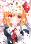  1girl black_vest blonde_hair branch cherry_blossoms collared_shirt fingernails hair_between_eyes hair_ribbon holding holding_branch petals red_eyes red_ribbon ribbon rumia sakuyabm shirt short_hair solo touhou upper_body vest white_shirt 