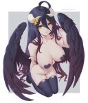  1girl absurdres ahoge albedo_(overlord) arm_belt belt black_hair black_thighhighs black_wings breasts choker closed_mouth collarbone grey_background heart_pasties highres horns large_breasts long_hair looking_at_viewer low_wings melowh navel nude overlord_(maruyama) pasties smile solo thighhighs thighs two-tone_background white_background white_belt white_choker white_horns wings yellow_eyes 