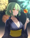  1girl aerial_fireworks apple black_kimono blurry blush breasts candy_apple cleavage closed_mouth collarbone depth_of_field festival fireworks food fruit green_hair hikage_(senran_kagura) holding holding_food holding_fruit japanese_clothes kimono large_breasts neck_tattoo obi octopus_print print_kimono sash senran_kagura senran_kagura_shoujo-tachi_no_shin&#039;ei shiny_skin short_hair slit_pupils solo standing summer_festival surippa1010 tattoo wide_sleeves yellow_eyes yukata 