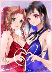  2girls aerith_gainsborough bare_shoulders black_hair blue_dress blue_nails breasts brown_hair cleavage closed_mouth commentary_request crescent crescent_earrings crescent_moon dress earrings final_fantasy final_fantasy_vii final_fantasy_vii_remake gold_earrings green_eyes heart heart_hands highres jewelry large_breasts long_hair looking_at_viewer medium_breasts moon multiple_girls neck_ribbon official_alternate_costume open_mouth parted_bangs quichi_91 red_dress red_eyes red_nails ribbon sidelocks single_earring strapless strapless_dress swept_bangs tifa_lockhart tifa_lockhart&#039;s_refined_dress upper_body 