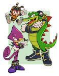  3boys absurdres alternate_costume chain chain_necklace charmy_bee crossed_arms espio_the_chameleon gloves gold_chain hashi84e headphones highres jewelry looking_at_viewer multiple_boys necklace open_mouth shoes sonic_(series) vector_the_crocodile white_gloves 