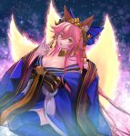  1girl absurdres animal_ear_fluff animal_ears bare_shoulders bell blue_bow blue_kimono blue_thighhighs bow breasts cleavage collar crown fate/grand_order fate_(series) fingernails fox_ears fox_girl fox_shadow_puppet fox_tail highres japanese_clothes jingle_bell kimono kitsune large_breasts long_hair looking_at_viewer looking_to_the_side multiple_tails obi off_shoulder pink_hair ri-ko sash sidelocks solo sparkle_background tail tamamo_(fate) tamamo_no_mae_(fate/extra) tamamo_no_mae_(third_ascension)_(fate) thighhighs very_long_hair wide_sleeves yellow_eyes 